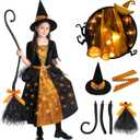 Witch Halloween Costumes for Girls, Light Up Dress with Broom and Hat, Kids Costume Glow in the Dark for Halloween Party (Medium, Orange)