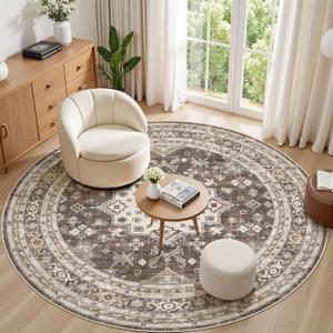 8ft Round Vintage Living Room Area Rug - 8x8 Large Soft Washable Oriental Traditional Distressed Farmhouse Rugs for Bedroom - Indoor Floor Accent Carpet for Home Office House Decor - Dark Brown
