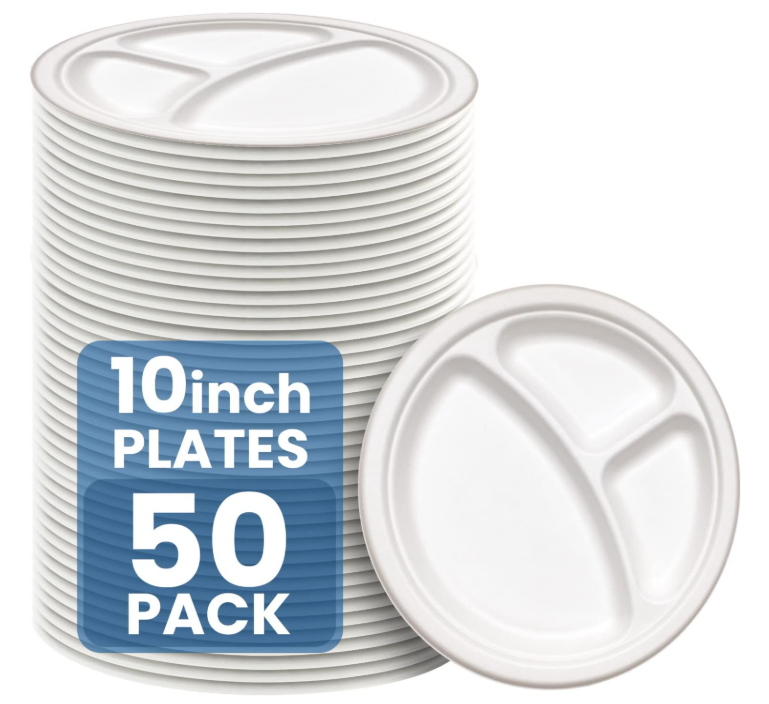 Vallo Compostable Plates - Eco Friendly Disposable Paper Plates made from Sugarcane Bagasse Fibers (10 Inch, 50 Count)