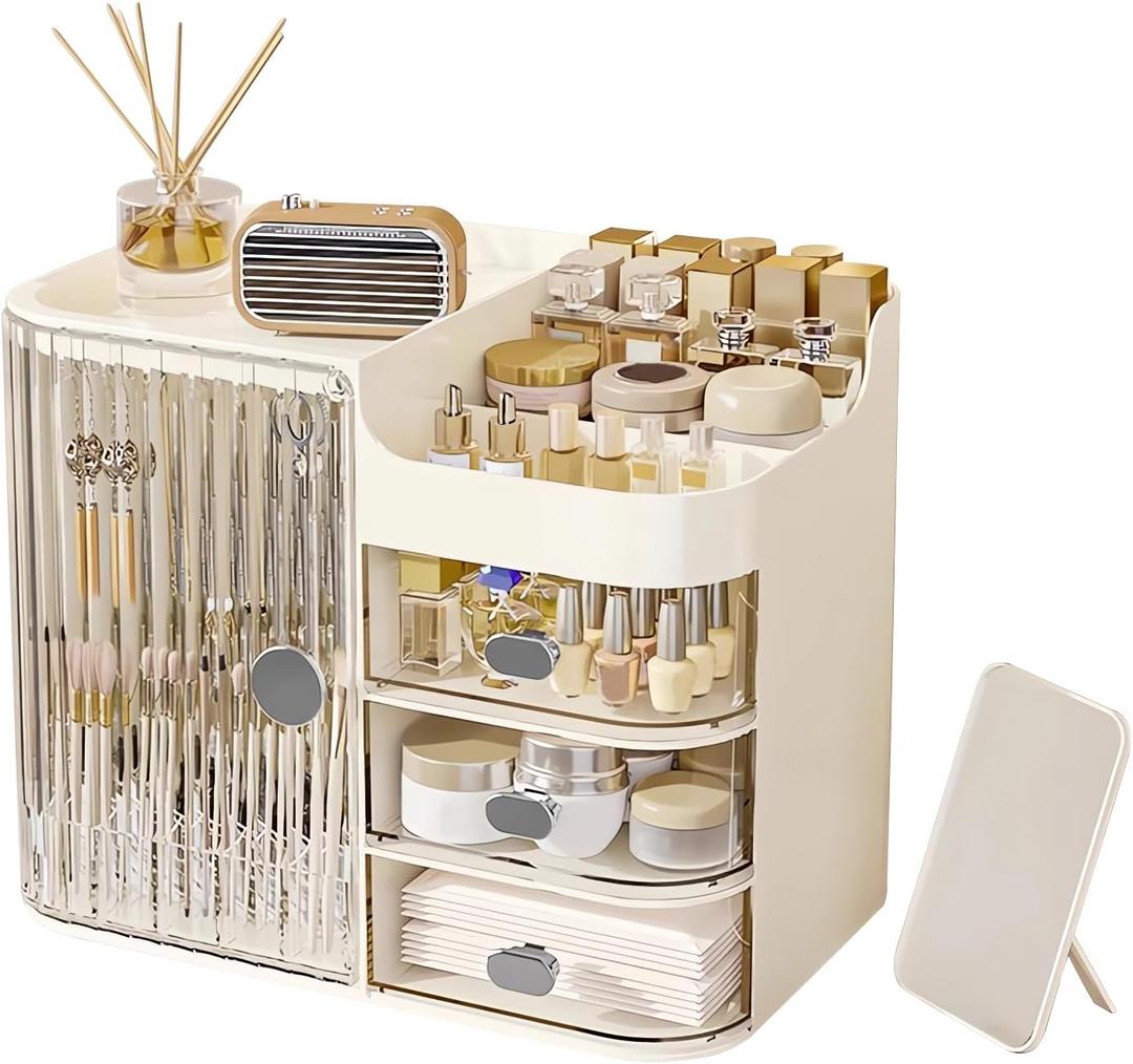 DASITON Makeup Organizer for Vanity,Large Capacity Makeup Storage Organizer with 3-Layer Drawers and Mirror,Cosmetics Display Case Make up Organizers for Vanity,Bedroom,Countertop(Clear-Cream)