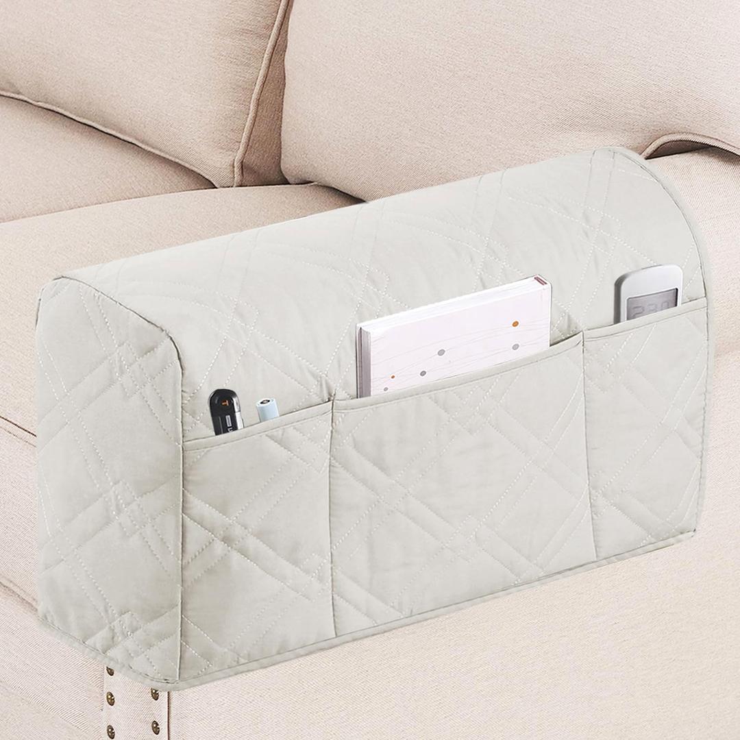 Turquoize Waterproof Armrest Covers for Chairs and Sofas Armrest Covers Couch Arm Covers for Sofa with Side Pocket Anti-Slip Furniture Protector Washable Armrest Slipcovers Set of 2, Beige (Double Diamond- Beige)