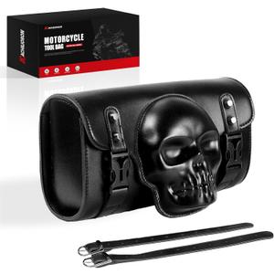 Motorcycle Tool Bag - PU Leather Vintage Saddlebag with 3D Skull Design, Universal Waterproof Fork & Handlebar Bag for Harley, Suzuki, Kawasaki & for All Motorcycle Enthusiasts.