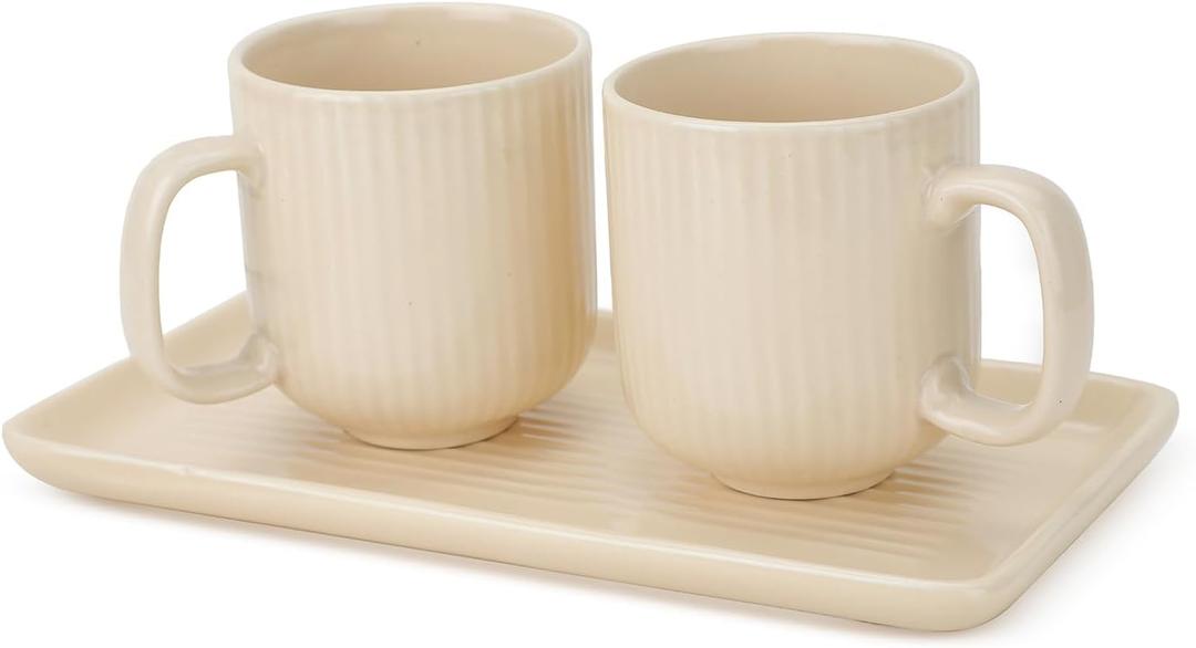 Ceramic Coffee Mugs with Handle Set 2-Piece 11 Oz Ceramic Coffee Cups & 9" Tray, Handmade Ivory Color, Microwave Safe Gift Set for Tea Lovers, Home Kitchen Decor