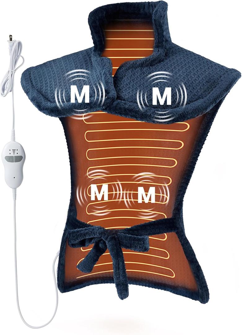 Massaging Heating Pad for Neck and Shoulders and Back, 24" x 35" Large Electric Heating Pad for Back Pain Relief with 8 Massage Combinations, 2 Heat Levels, 4 Massage Motors, 2H Auto Shut-Off (Blue)