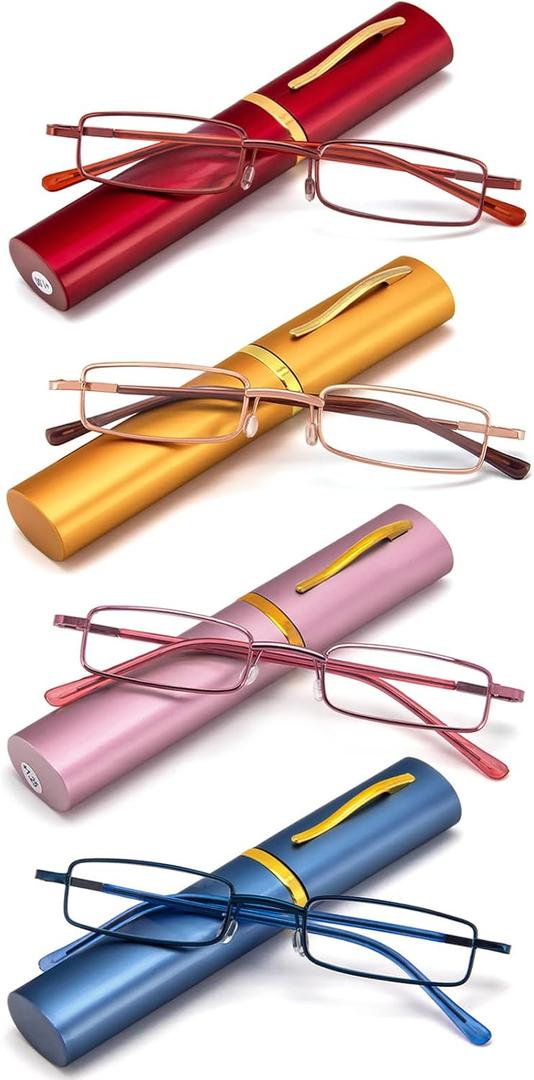 REAVEE 4 Pack Slim Pen Reading Glasses for Women Stylish Small Metal Tube Readers Spring Hinge with Portable Clip Case, Red Gold Pink Blue 2.0