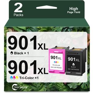 Ink 901 Black and Color Combo Pack Replacement for HP 901XL 901 XL Ink Cartridges for Ink 901 High Yield Compatible with HP Officejet 4500 J4524 J4540 J4580 J4680c Printer (1 Black, 1 Tri-Color)