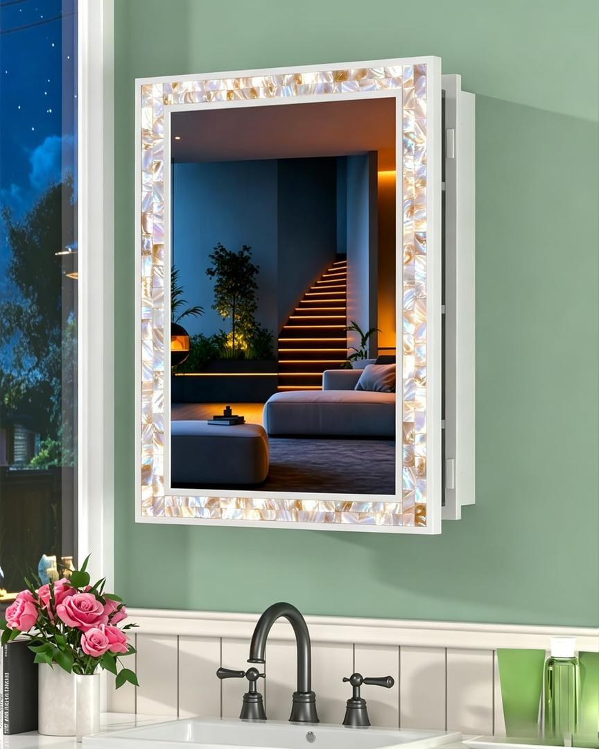 20"x26" Hand-Inlaid Natural Shell White Medicine Cabinet Mirror for Bathroom, Bedroom, Living Room, Entryway, Easy to Install Left or Right Opening Bathroom Wall Cabinet Recessed and Surface Mount