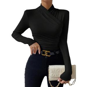 SweatyRocks Women's Ruched Mock Neck Long Sleeve T Shirt Solid Slim Fitted Tee Tops (Black, Small)