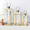 TRIROCKS Elegant Gold Stainless Steel Lantern Set- 3 Sizes (12", 15", 19") - Tempered Glass Panel Metal Lanterns for Versatile Indoor & Outdoor Decorating - Perfect for Celebrations (Large)