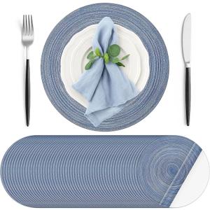 Geosar 100 Pcs Disposable Paper Placemats Cotton Woven Look 13'' Round Placemats Rustic Disposable Table Pads Bulk for Dining Table Decoration Birthday Wedding Bridal Baby Shower Party(Dusty Blue)