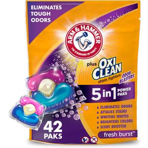 ARM & HAMMER Plus OxiClean with Odor Blasters Concentrated Laundry Detergent, 5-in-1 Laundry Stain Remover, Fresh Burst Detergent Power Paks, 42 Count Bag