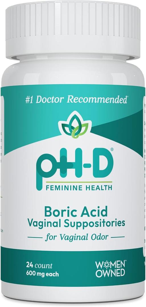 pH-D Feminine Health - 600 mg Boric Acid Suppositories - Woman Owned - for Vaginal Odor Use - 24 Count, Best Before: 12/2028