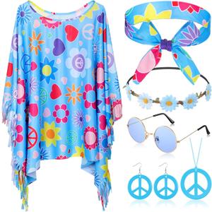 Hicarer 6 Pcs Hippie Costume Accessories Set Includes Headband Poncho Necklace Earrings Sunglasses for Women Girls