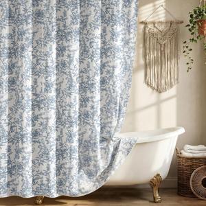 Farmhouse Blue Floral Shower Curtain with 12 Clear Rings, White Fabric Shower Curtain Set, Vintage Cottagecore Shower Curtain for Bathroom 72" W x 72" L