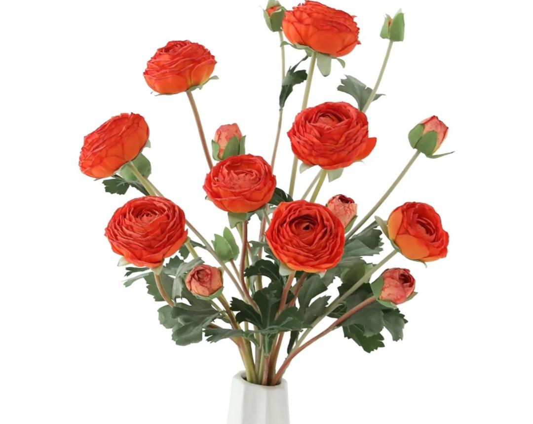 6Pcs Realistic Orange Silk Ranunculus Artificial Flowers Long Stems, 23.6" Tall Fake Flowers Faux Flowers Suit for Year-Round Home Decoration, Wedding, Bridal Bouquets, Office