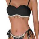 MakeMeChic Women's Bikini Set Textured Scallop Trim Shell Tie Back Bathing Suits (X-Large, Black)