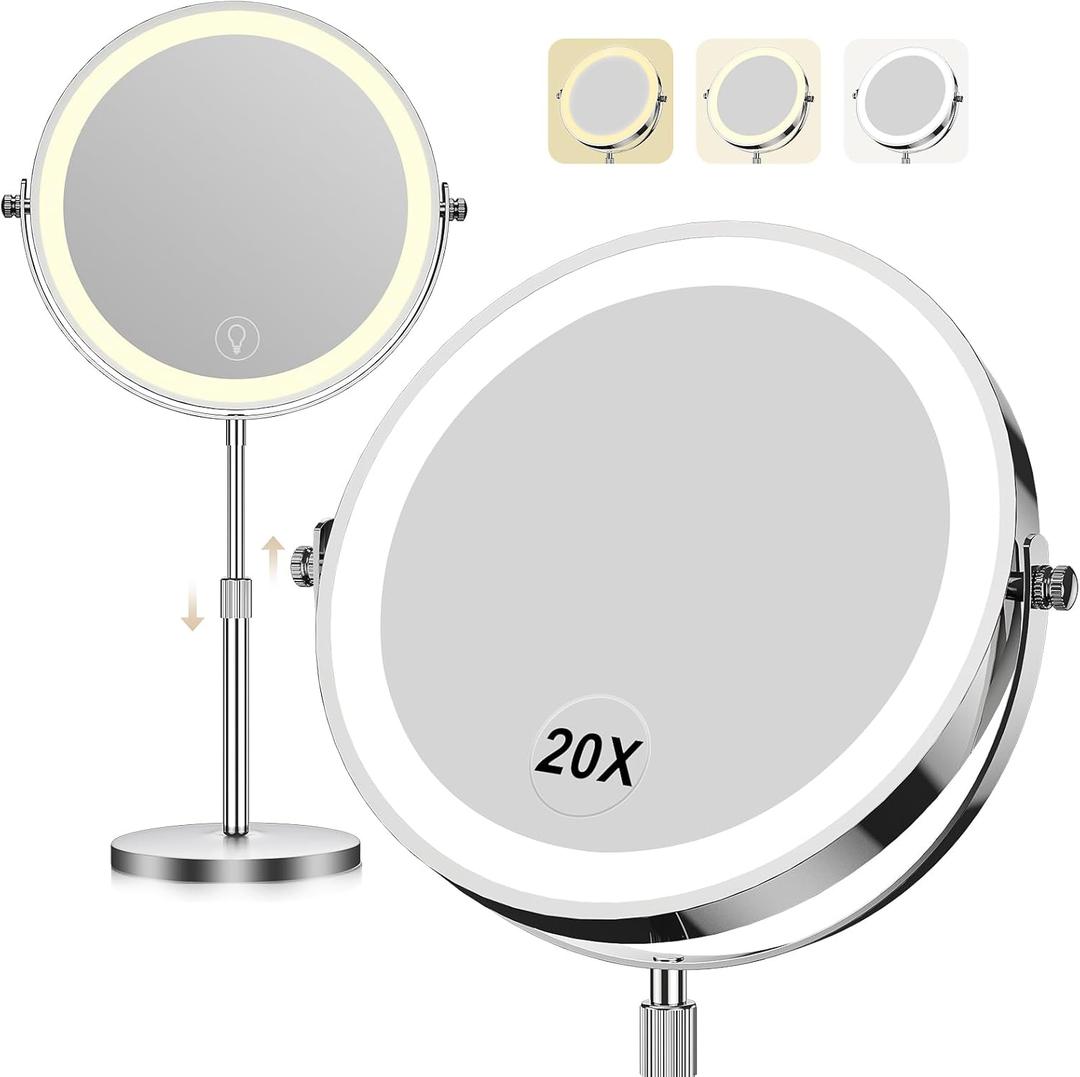 Makeup Mirror with Lights, 1x/20x 360 Rotation Vanity Mirror, Brightness Adjustable Lighted Makeup Mirror with Magnification, 5000 mAh Rechargeable Double Sided Mirror with 3 Colors, Gift for Women (Chrome)