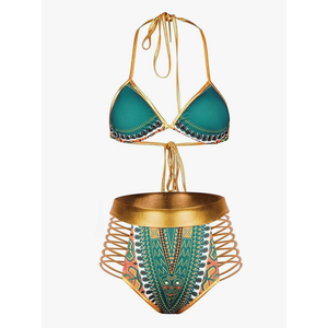 Zando Women Tribal Print Bikini African Metallic Swimsuit Two Piece Beachwear Cutout Halter Neck Bathing Suit Swimwear L