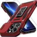 DEERLAMN Case for iPhone 14 Pro with Slide Camera Cover+Screen Protector(1 Pack),Rotated Ring Kickstand Military Grade Shockproof Protective Cover 6.1 Inch-Red