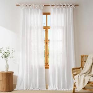 NICETOWN Thick White Linen Curtains 96 inches Long for Bedroom, Adjustable Tie Top Curtains & Drapes Privacy with Light Filtering for Girls Room/Living Room, W52 x L96, 2 Panels