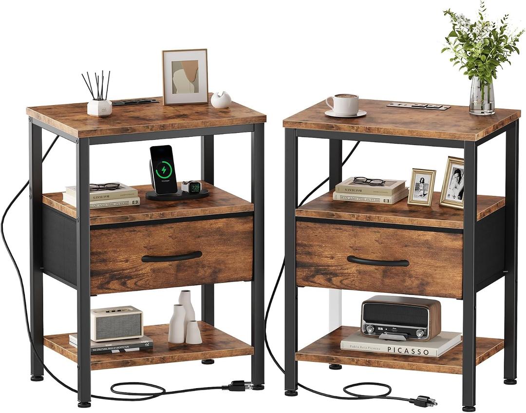 DUMOS Nightstand Set of 2 with Wireless Charging Station Bed Side Tables with Adjustable Fabric Drawers and 3 - Tier Storage End Tables Modern Design, Brown, 11.8"D x 15.7"W x 23.4"H