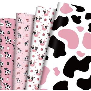 Pineraap 12 Sheets Pink Cow Wrapping Paper, Cow Print Gift Wrap Paper Cute Farm Animal Gift Packing Paper for Boys Girls Birthday Party Baby Shower, 20 x 28 Inch