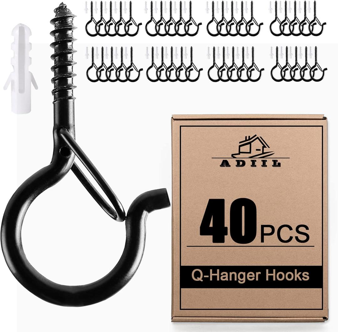 ADIIL 40 PCS Q Hanger Hooks with Safety Buckle, Windproof Screw Hooks for Hanging Outdoor String Lights, Plants, Christmas Patio Lights, 2.2 Inches, Black