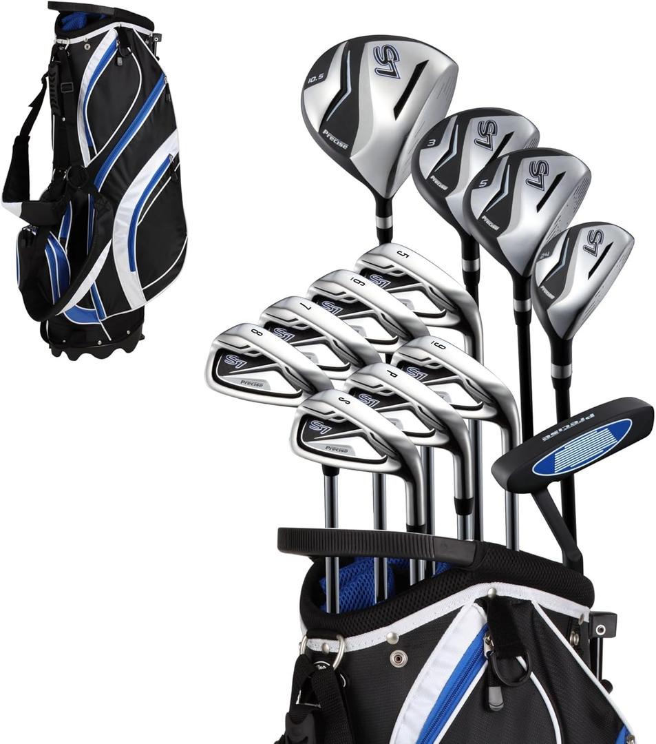 Precise S7 Mens 18-Piece Golf Set  Titanium Driver, Woods, Hybrid, 5-SW Irons, Putter, Stand Bag, 4 Headcovers and Cover  RH (Regular Size, Blue)
