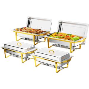 ROVSUN Chafing Dishes for Buffet 4 Pack, 9QT Chafing Dishes [Elegant Gold & Silver] with Rolled-Edge Design, Catering Chafer Warmer Set with Folding Frame for Party Wedding Banquet