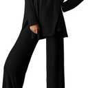 PRETTYGARDEN Women's Two Piece Lounge Sets Matching Long Sleeve Shirts Wide Leg Pants Tracksuits Travel Outfits Fall Clothes (Medium, Black)