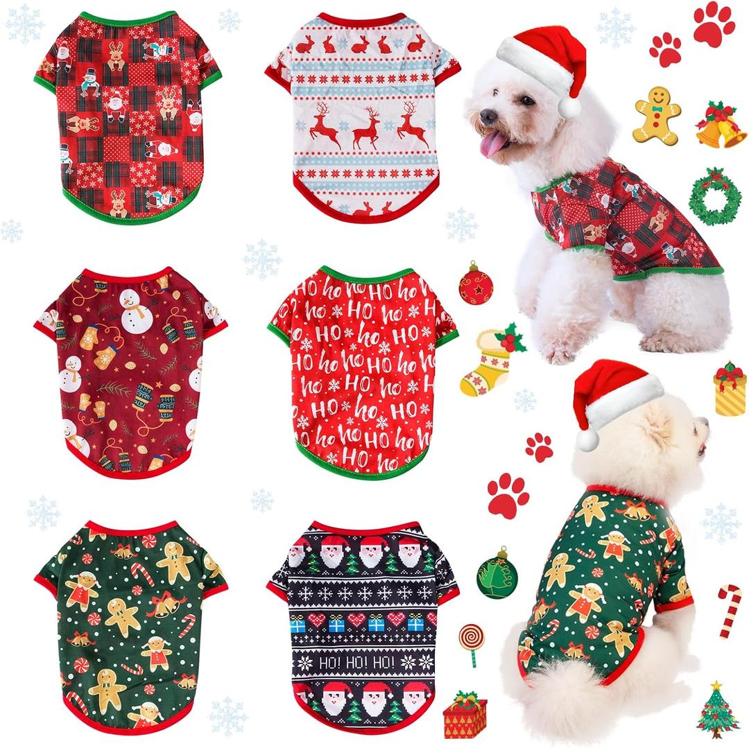 6 Pieces Christmas Dog Clothes for Small Dogs, Soft and Breathable Pet Shirt, Winter Puppy Kitten Vest Printed Dogs Shirts, Christmas Snowman Santa Claus Reindeer Dog T-Shirts for Pet Cats (Red and green)