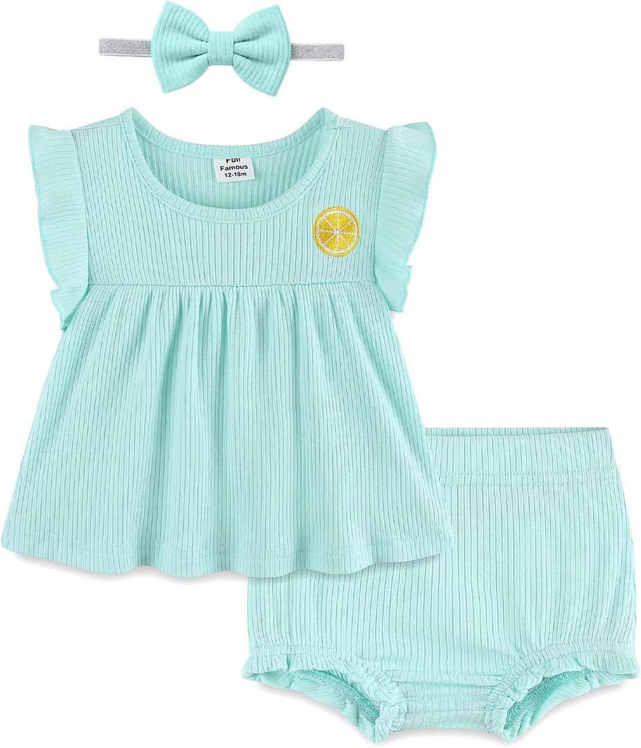 Fullfamous Newborn Baby Girl Summer Clothes 3 Piece Cotton Top and Bloomer Shorts Clothing Set NB-24Months
