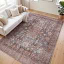 Kuden 6x9 Area Rug, Machine Washable Area Rug with Non-Slip Backing, Vintage Style, Soft, Easy Clean, Low Pile Rug for Living Room, Bedroom, Dining Room (Blue / Red / Beige)