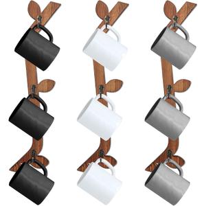 3 Pack Wood Coffee Mug Wall Rack with 9 Hooks Wall Mount Coffee Cup Holder Wooden Espresso Cup Holder Tree Brown Mug Stand Display Wall Mounted Cup Drying Rack for Kitchen Cafe