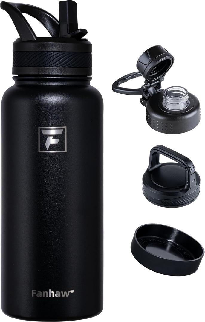 Fanhaw 32 oz Insulated Water Bottle  Portable Stainless Steel Flask with 3 Lids (Straw, Spout, Carabiner) | Leakproof, for Gym, Hiking, Work, Travel & Everyday Use (Black)