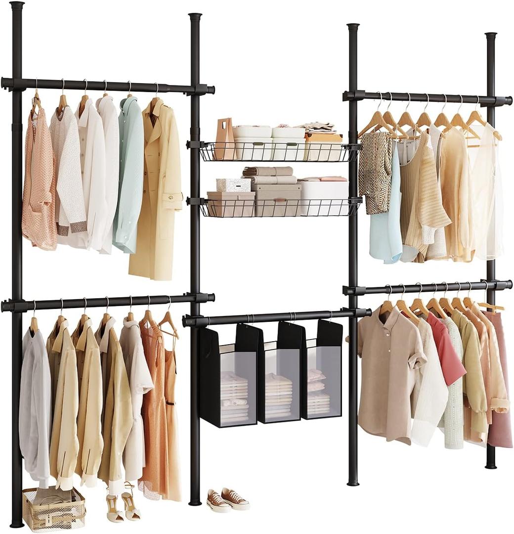 Floor-to-Ceiling Clothes Rack with 2 Storage Baskets and 3 Laundry Hampers, Black