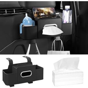 Car Back Seat Organizer with 1 Pack of 80 Tissues, Car Seat Back Tissue Box, and Storage Hook, Multi-Functional Organizer for Phone, Drinks, Handbag, Garbage Bags, Fits Most Car Models