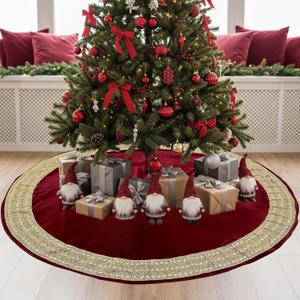 Christmas Tree Skirt 60 inches, Large Red Velvet Tree Skirt for 7.5 ft & 9 ft Tree, Vintage Luxury Xmas Tree Skirts with Gold Glitter Trim Rustic Christmas Tree Holiday Party Decorations