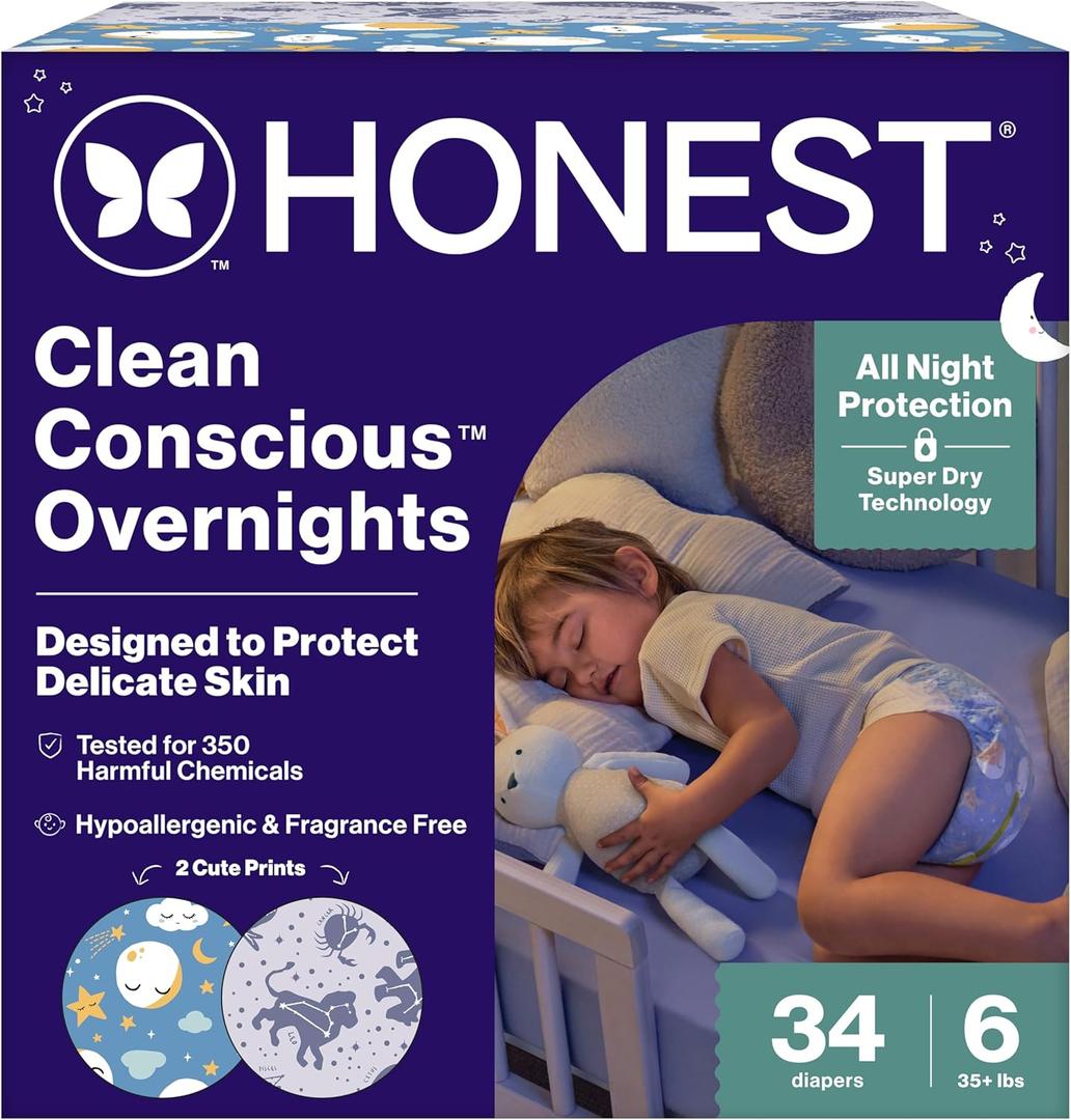 Clean Conscious Overnight Diapers | Up to 12 Hours of Protection | Hypoallergenic + Fragrance Free | Cozy Cloud + Star Signs | Size 6, 34 Count Club Box