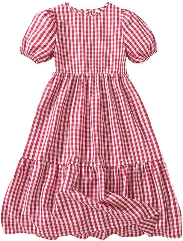 EIAY Shop Girls Floral Casual Dress Puff Sleeve Plaid Smocked Dresses Square Neck for 7-12 Years (9-10 Years, Red Grid)