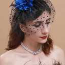 Cizoe Fascinator for Women with Black Veil Derby Headpiece Tea Party Hats and Lace Gloves (Blue)