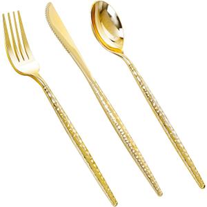 Rubtlamp 90 Pcs Gold Plastic Silverware - Gold Disposable Utensils - Hammered Plastic Silverware - Gold Plastic Forks And Spoons Set Include 30 Forks, 30 Knives And 30 Spoons for Party/Wedding