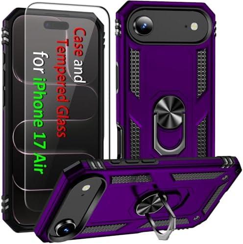 i Phone 17 Air Case, for iPhone 17 Air Case with Tempered Glass Screen Protector, Adjustable Kickstand Ring, Military-Grade Heavy Duty Protection, Shockproof, Anti-Fingerprint,Purple