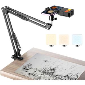 Overhead Phone Mount with Rechargeable Light for iPhone, Desk Tripod with Clamp for Content Creator Camera Recording, Top Down Holder Stand for Filming/Live/Cooking/Unboxing/Drawing/YouTube/TikTok