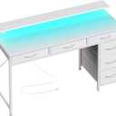 Huuger Gaming Desk with 6 Drawers, Computer Desk with LED Lights Power Outlets and Type-C, 47 Inch Office Table with Storage, Monitor Stand, Writing & Work Home Office, Bedroom, Study, White