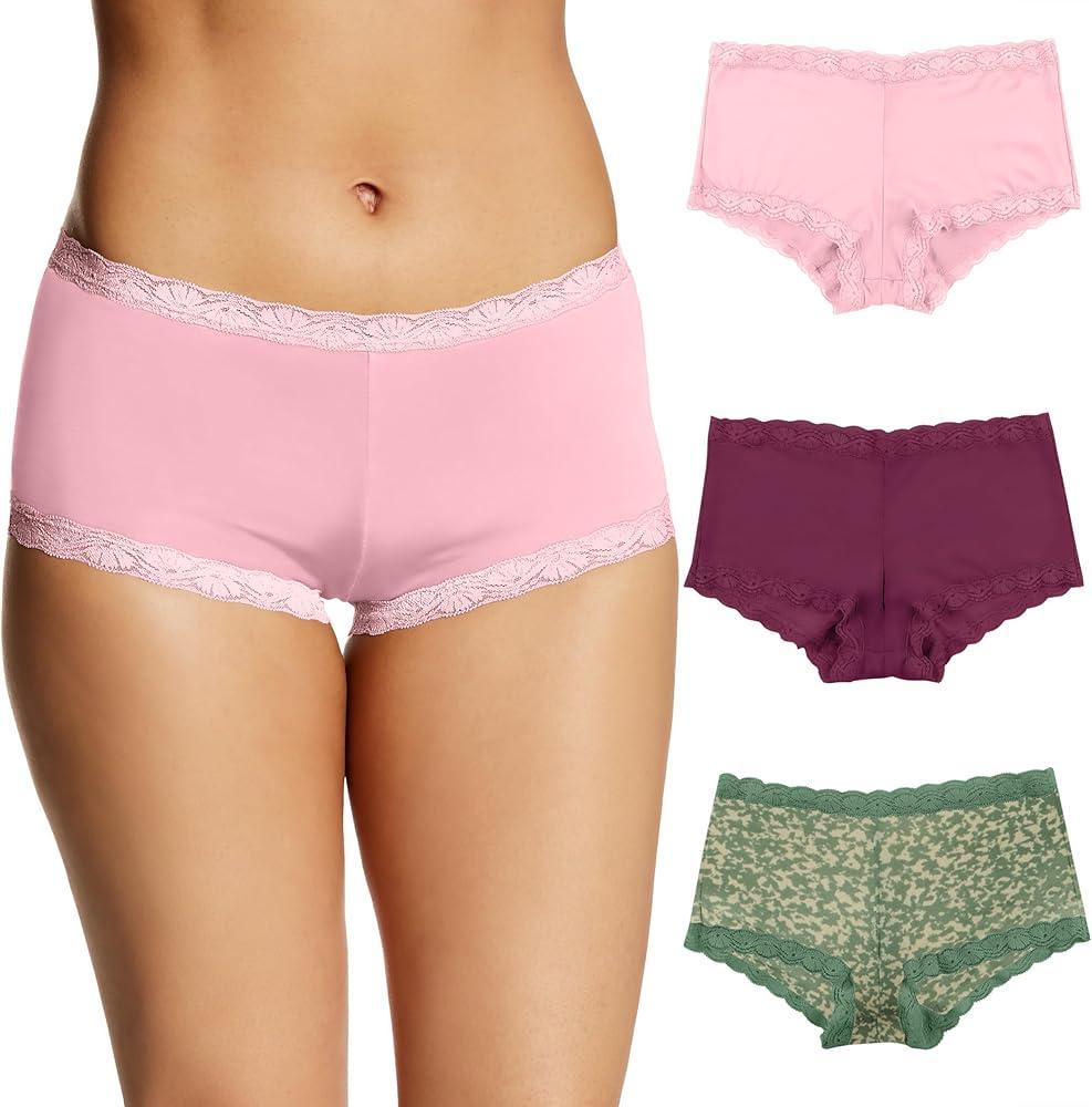 Maidenform womens Boy Shorts Underwear Pack, Microfiber Panties, Lace Boyshort Underwear for Women, One Fab Fit, 3-pack, Large 