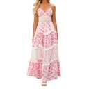 ABYOVRT Women Floral Maxi Dress Spaghetti Straps V Neck Patchwork Flowy Boho Sundress Tiered Long Dresses (Pink,S)