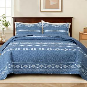 Whale Flotilla Full Queen Size Quilt Set - Reversible Blue Quilts Queen Size with 2 Pillow Shams, Lightweight Boho Striped Bedspreads Coverlet Bedding Set for All Seasons