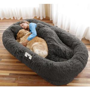 Human Dog Bed, 71''x45''x12'' Size Fits You and Pets, Washable Faux Fur Pet Bed for People Doze Off, Napping Orthopedic Dog Bed, Present Plump Pillow, Blanket, Strap - Dark Grey