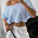 WDIRARA Women's Striped T Shirts Scoop Neck Half Sleeve Tee Loose Knit Crop Tops (S)